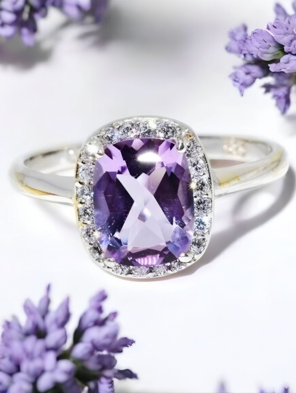 Artisan Amethyst White Topaz Cushion Cut Sterling Silver Halo Ring Sz 9 NWT